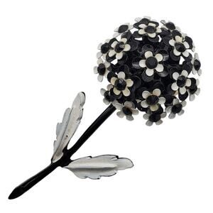 Black & White Flower Power Brooch Forget Me Not Pin Enamel Rhinestones Statement